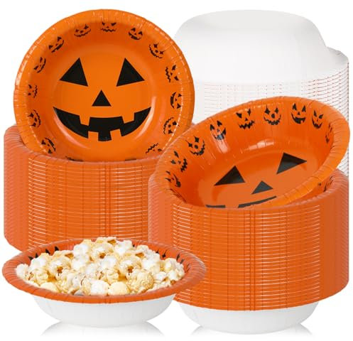 Whaline 100Pcs Halloween Paper Bowls Orange Pumpkin Face Treat Snack Cups Jack-O-Lantern Ice Cream Bowl for Halloween Food Party Supplies