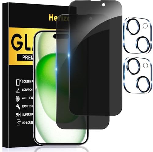 Herize [2+2 Pack] Privacy Screen Protector for iPhone 15 with Camera Lens Protector, 6.1 Inch Tempered Full Screen Glass Accessories, Anti-Spy, Bubble Free, Case Friendly
