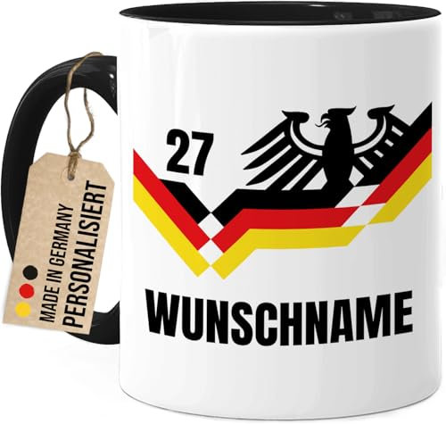 Tassenliebling® - Fussball EM Fanartikel Tasse personalisiert Schwarz - Deutschland Trikot mit Name und Nummer Germany Fußball deutsche Nationalmannschaft Europameisterschaft WM 24 Team Geschenke