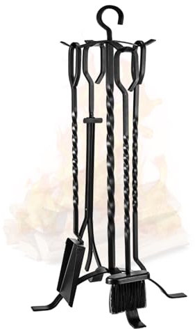 Kaminwerkzeug-Set mit Schürhaken, Zange, Schaufel, Bürste, robustes Schmiedeeisen, Kaminzubehör, Werkzeughalter mit Griffen für Innen- und Außenbereich, Schwarz, modernes Kaminwerkzeug, 5-teilig