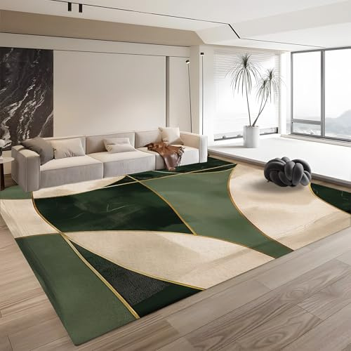 Generic Abstraktes Grün, Beige und Schwarz 140cm x 200cm Teppich - Wohnzimmer, Küche, Jugendzimmer, Esszimmer, Flur und Schlafzimmer - Kurzflor, Extra Weich, Pflegeleicht