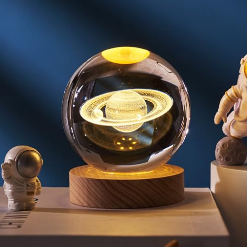 Ludosphere 3D Sonnensystem Kristallkugel Nachtlicht - Kreative Astronomie Lampe Mit Holzsockel - Geschenk für Familie (D)