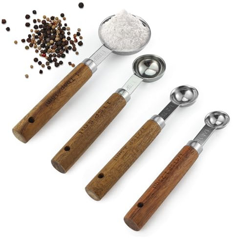 Realand Measuring Spoons Set of 4, Stainless Steel Measuring Spoons with Wooden Handle, 1/4 tsp, 1/2 tsp, 1 tsp, 1 tbsp, Tablespoon and Teaspoon Metal Measure Spoon