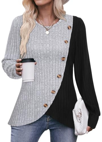 Flikity Jumpers for Women UK, Crew Neck Womens Tunic Tops Long Sleeve Top Pullover Sweater for Women Ladies Jumpers Size 18-20 Going Out Tops Spring Autumn Winter Clothes Grey XL