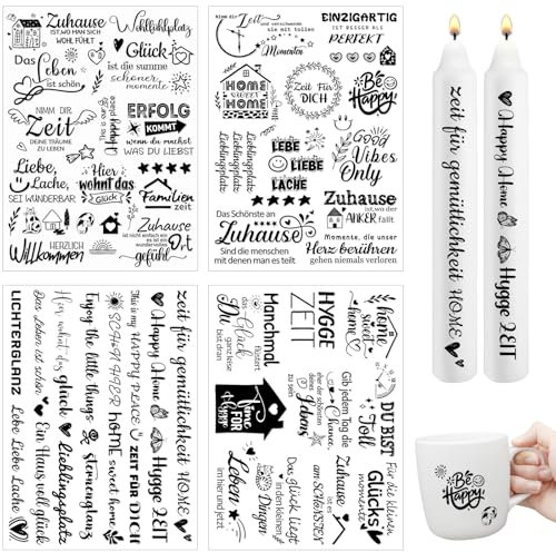 Rub On Sticker Home, 4PCS Easy Rub Ons Folie Sprüche für Raysin Keraflott Möbel Glas Holz klötzchen, Rub-On Transfer Aufkleber DIY Deko HAPPY HOME