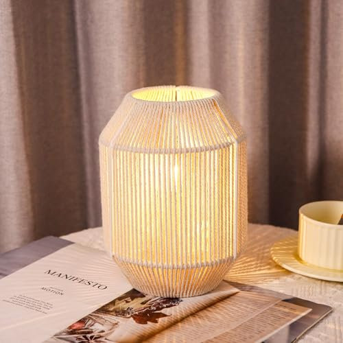 JHY DESIGN Lámpara de mesa tejida bohemia de 8.5 pulgadas de alto, cuerda de algodón, luz , lámpara decorativa inalámbrica que funciona con pilas con temporizador de 6 horas para dormitorio, sala de