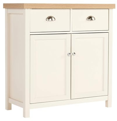 Home Source 2 Door 2 Drawer Sideboard Storage Cupboard with Metal Handles, Oak Effect, White