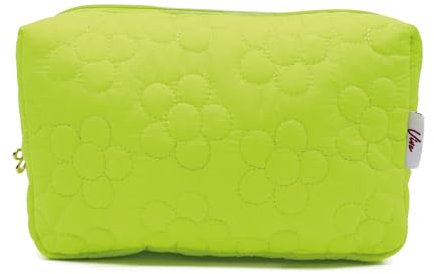 PONETTE - Neceser Mujer Vive Grande de Tejido Acolchado Pistacho con Forma de Flores Cremallera a Tono y Tirador Dorado Flor, Ideal, Viaje, Piscina, Gimnasio, Estuche, Bolsa de Aseo, Marca Española