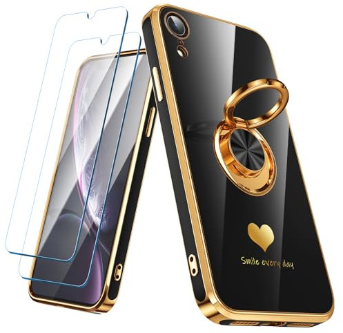 Nonional Compatible for iPhone XR Case with 2 Pack Screen Protector, 360° Rotatable Ring Holder [Luxury Hearts Pattern] Plating Gold Edge Slim Soft Phone Cover Case for iPhone XR - Black