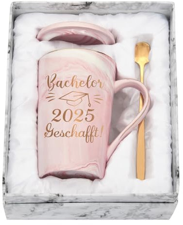 Diztoud Schulabschluss Geschenk, Geschenke zum Bachelor Abschluss, Bachelor 2025 Geschafft, Abschluss Geschenk, Bestandenen Prüfung, 400ML Rosa Keramik Marmorbecher mit Deckel, Löffel und Geschenkbox