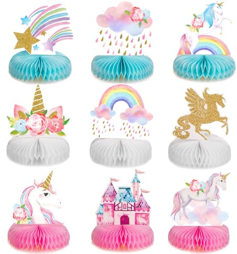 9 Stück Tischdeko Einhorn Bienenwabe Einhorn Party Deko 3D Tischdeko Geburtstag Einhorn Tortendeko Papier Herzstück Tischaufsätze Dekoration für Mädchen Geburtstag Thema Party Tischdeko