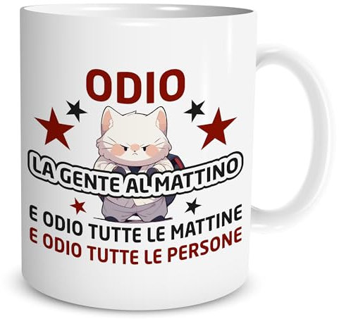 Lol t-shirt Tazza Odio la Gente al Mattino – Tazza Divertente con Gatto Arrabbiato – Idea Regalo Donna, Amica, Collega – Tazze Colazione, Caffè, The – Accessori Casa, Gadget Ufficio