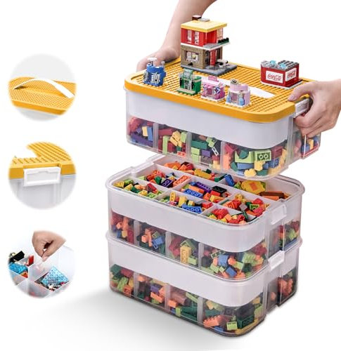 Storage Organiser for Lego, 3 Layers Stackable Kids Toy Storage Box with Lids, Plastic Multi Compartment Building Blocks Craft Sorting Container for Magnetic Building Blocks Bricks Puzzle Board