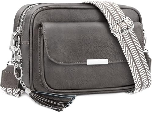 NEWIROVE Crossbody Bag Damen Leder Umhängetasche Damen Mittelgroß Handtasche Schwarz mit Breitem Gurt Verstelbaar Schultertasche Mit Fransen Für den Einkauf Auf Reisen,Papier Grau