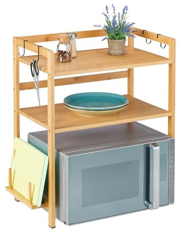 Relaxdays Estante para Microondas, 67 x 61 x 35 cm, Bambú, 2 Niveles, Soporte Tablas Cortar, Cocina, 4 Ganchos, Natural, Acero, Caucho