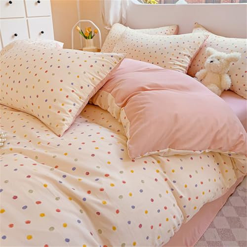 ZBOOM Rosa Punkte Bettwäsche 155x220cm Zweiteilig Mädchen Bettwäsche Bunt Dots Muster Bettbezug Damen Microfaser WendeBettwäsche Weiß Hellrosa mit Reißverschluss und Kissenbezug 80x80