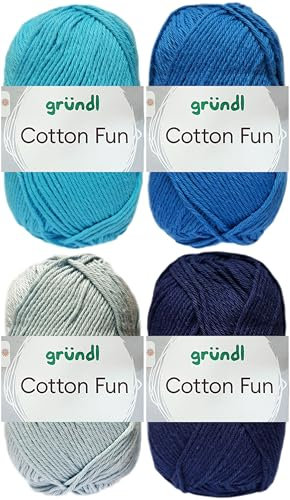 4x50 Gramm Gründl Cotton Fun Häkelgarn aus 100% Baumwolle inkl. Anleitung für Einkaufsnetz Bunt Mix Set (Set 6 (Blau Mix))