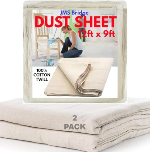 2 x Cotton Dust Sheets 12'x9' (3.6m x 2.7m) | Washable & Reusable Drop Cloths for Painting & Decorating | Paint Cover Sheets for Furniture & Floors