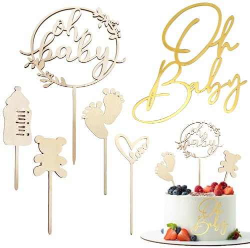 6 Stück Oh Baby Cake Topper Holz, Babyparty Deko, Baby Shower Deko, Gender Reveal Partydeko, für Babyparty