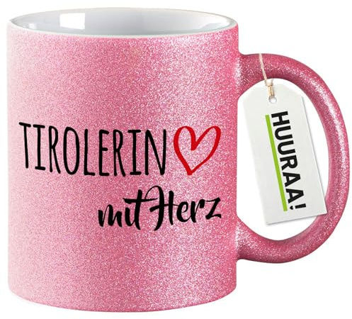 Huuraa Glitzer Kaffeebecher Tirolerin mit Herz Geschenk 330ml Pink Tirolerin Mitbringsel