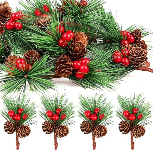 Huanmin 20 Stück künstliche Tannenzweige, 11cm Tannenzweige Künstlich mit Beeren und Tannenzapfen, Weihnachtszweige Künstlich Deko Zweig Weihnachten für DIY Weihnachten Basteln Kranz