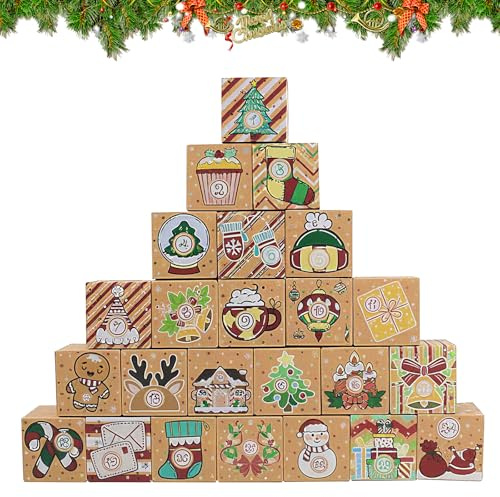 DIY Adventskalender zum Befüllen Kleine Geschenkboxen, 24 Stück Selbstgemachter Adventskalender Boxen Bunte Schachteln zum Aufstellen, Weihnachtskalender zum Befüllen, Weihnachten Kisten (D)