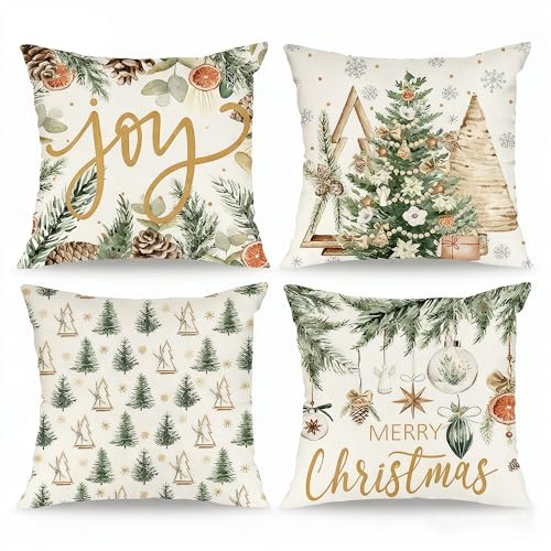 Basitys Set of 4 Christmas Cushion Covers 50 x 50 cm Pine Trees Xmas Decorative Pillow Case Cover Sofa Living Room Decor (50 x 50 cm, Pack of 4)