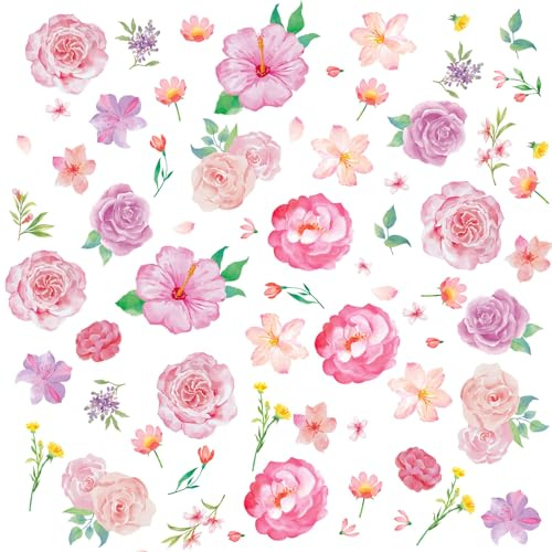 SHUCHING 111 Pièces Stickers Muraux Fleurs Roses DIY, Autocollant Mural Pivoines Roses, Décoration Murale pour Chambre Salon