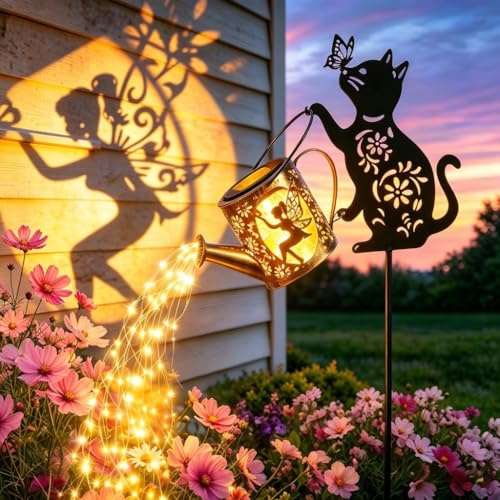 Solar Giesskanne für Außen mit Wasserfall Lichterkette - Katzen Gartendeko Solar Figuren, 36 LED Gießkanne Solarbetrieben Wasserdicht IP65, Geschenk für Katzenliebhaber Gartenliebhaber Frauen Mama