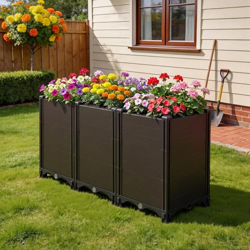 Warmiehomy Raised Garden Kits 90x30x46cm, 83L Outdoor Elevated Planter Box with Drainage Holes, PP Planting Container for Growing Vegetables, Flowers, Herbs, Brown