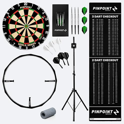 Pinpoint Premium Home Darts Bundle - Regulation Brazilian Sisal Dartboard, 360° LED Surround Light, Checkout Mat with Official Oche, Brass Darts & Accessories, Stand or Cabinet Option (Freestanding)