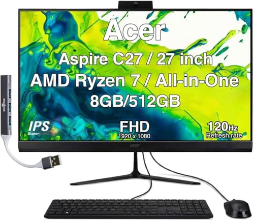 Acer Aspire C27 All-in-One Desktop, 27 IPS FHD, Ryzen 7 5825U | 8GB DDR5, 512GB PCIe SSD, Wired Keyboard and Mouse, Wi-Fi 6E, Bluetooth 5.3, Webcam, Windows 11 Home /w USB Hub