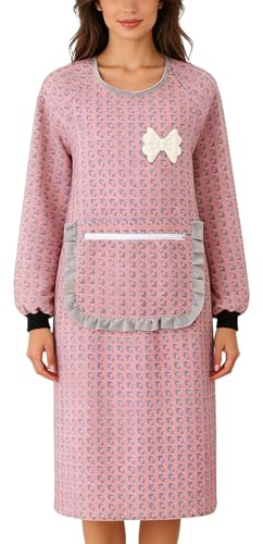 ATAVSADN Women Kitchen Apron with Zippered Pocket Long Sleeves Apron for Cooking Baking Cleaning Work Pink,One Size