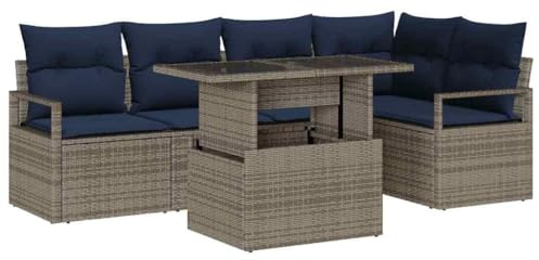 vidaXL Gartensofa-Set mit Kissen 6 pcs Grau und Marineblau Poly-Rattan, Garten- und Terrassenlounge, modernes modulares Sofa-Set, UV-beständige Materialien, Möbel für den Außenbereich