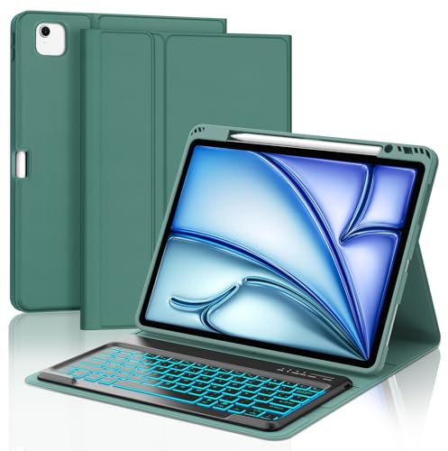IVEOPPE Funda Teclado para iPad Air 13 Pulgadas M4 2026/M3 2025/M2 2024 | Keyboard Retroiluminación Bluetooth, Español Ñ, Capa Desmontable con portalápices para iPad Pro 12.9 3-6 Gen, Verde oscuro
