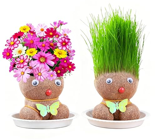 Galenecx 2 Pièces Poupées à Tête d'herbe, Plantes Grass Head avec Plateau | Mini Bonsaï Anti-Moustique, Plantes en pot pour la décoration intérieure, Jouets éducatifs de plantation