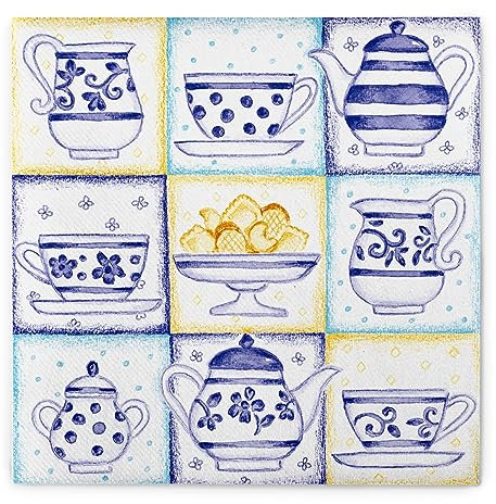 Sovie HOME, Serviette COOKIE in BLAU-GELB aus Linclass Airlaid, 40 x 40cm, 1/4 Falz, 12 Stück, Patchwork Design mit Kaffeetassen, Kannen, Keksen, stoffähnliche Einwegserviette