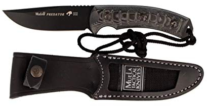 Muela Cuchillo PREDATOR-11N hoja de acero MoVa de 11 cm con recubrimiento teflonado y micarta negra para Caza, Pesca, Supervivencia y Bushcraft Realizado en Ciudad Real + Portabotellas de regalo