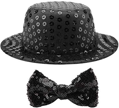 Haustier Hund Kappe Fliege Set, Hund und Katzenschwarzhut Modische Geburtstagsfeier Haustier Hunde Katzen Schwarz Pailletten Hut Einstellbare Pompons Topper Dekoration