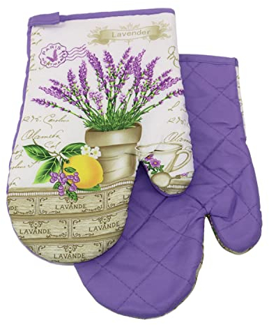 2 TLG. Set Topfhandschuhe mit Magnet Grillhandschuhe Backhandschuhe Ofenhandschuhe Kochhandschuhe Küchenhandschuhe (Lavendelblumen 9118- Violett Ecru)