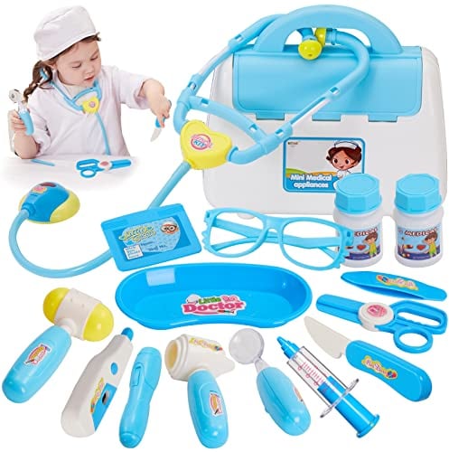 BUYGER Kit Valigetta Dottore Bambino con Stetoscopio Siringa Giocattoli, Giochi Dentista, Kit Medico Gioco di Ruolo per Bambini Bambina 3 4 + Anni (Blu) Regali