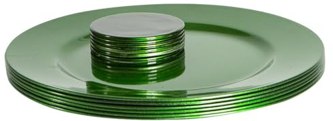 Argon Tableware Metallic Charger Plates & Coasters Set - Green - 12pc - 33cm - Metallic Finish Reusable Dining Table Setting Plates Drink Placemats for Christmas, Celebrations, Restaurant Decor