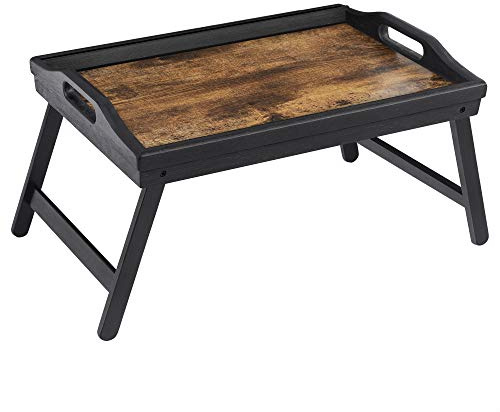 SONGMICS Bed Tray Table with Bamboo Folding Legs, Sofa Breakfast Tray, Serving Tray with Groove for Phone Tablet, Rustic Dark Brown ULLD111B01