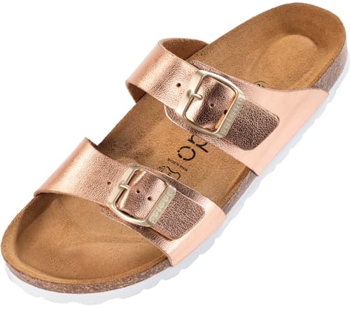 Palado Pantoletten Damen Samos - elegante Sandalen Made in Spain - bequeme Hausschuhe mit dämpfendem Kork-Fußbett - modische Sommerschuhe Metallic Rosegold UK8 - EU41