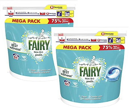 2 Pack of Fairy Clean & Gentle Care Non-Bio Washing Pods, 51 Capsules, Keeps Clothes Gentle on Skin, Whatever Your Age, Suitable For Sensitive Skin, Dermatologically tested