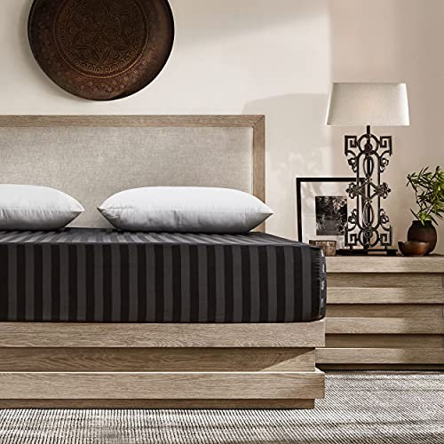 Damier Satin Spannbettlaken 100x200cm Schwarz Seide Glänzend Bettlaken Hochwertiges Satin Streifen Spannbetttuch, geeignet für Matratzen bis 30cm