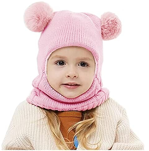 Qersh Baby Mütze Schal Set für 2-7 Jahre Alt - Warm Fellbommel Beanie Hüte Mit Schal für Mädchen Jungen - Winter Mütze (Rosa)
