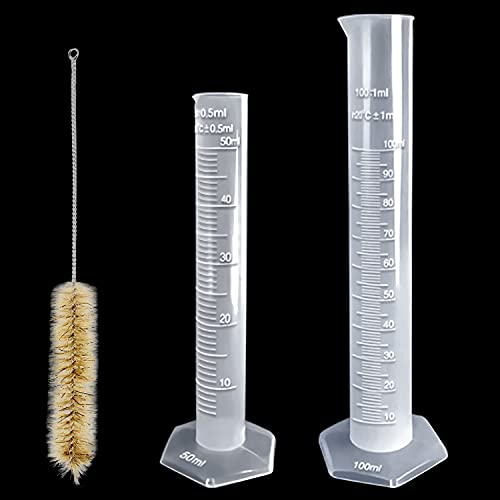 Kunststoff Messzylinder 50ml, 100ml Messbecher 2 Stk Transparent Graduierung für DIY und Wissenschaftliche Laboratorien mit 1 Reinigungsbürsten
