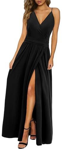 Newshows Femmes Eté Profond Décolleté en V Loisirs Robe Spaghetti Imprimé Fleur Split Maxi pour la fête de Plage (Noir,L)