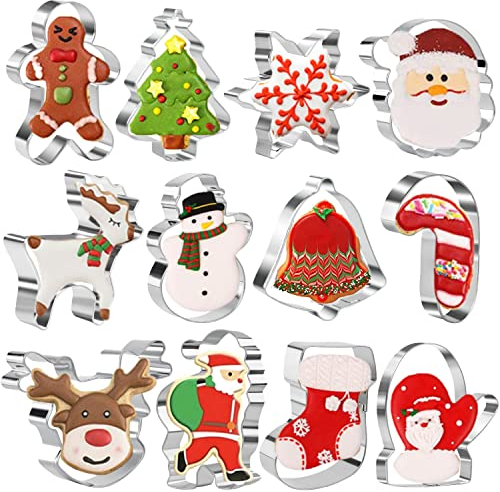 Cortadores de galletas de Navidad – 12 cortadores de acero inoxidable para hombre de jengibre, árbol de Navidad,muñeco de nieve,bastón de caramelo, campana y más para galleta,fiesta de Navidad